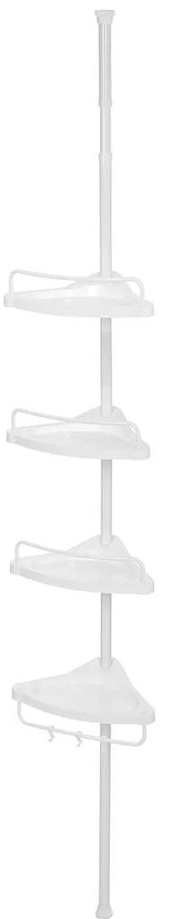 Prateleira de canto ajustável para banheiro SONGMICS, suporte telescópico para chuveiro, 85-305 cm, do chão ao teto, com 4 bandejas, 3 ganchos, branco BCB001A