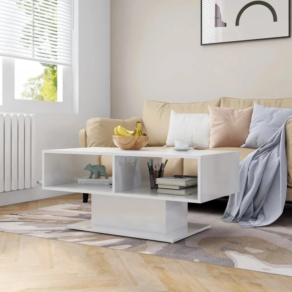 vidaXL Mesa de centro 103,5x50x44,5 cm contraplacado branco brilhante