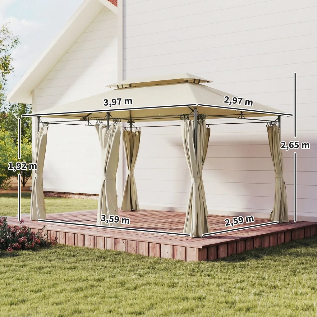 Pérgola de Jardim 397x297x265 cm Pérgola de Exterior com Teto Duplo Paredes Laterais Resistente a Água Bege
