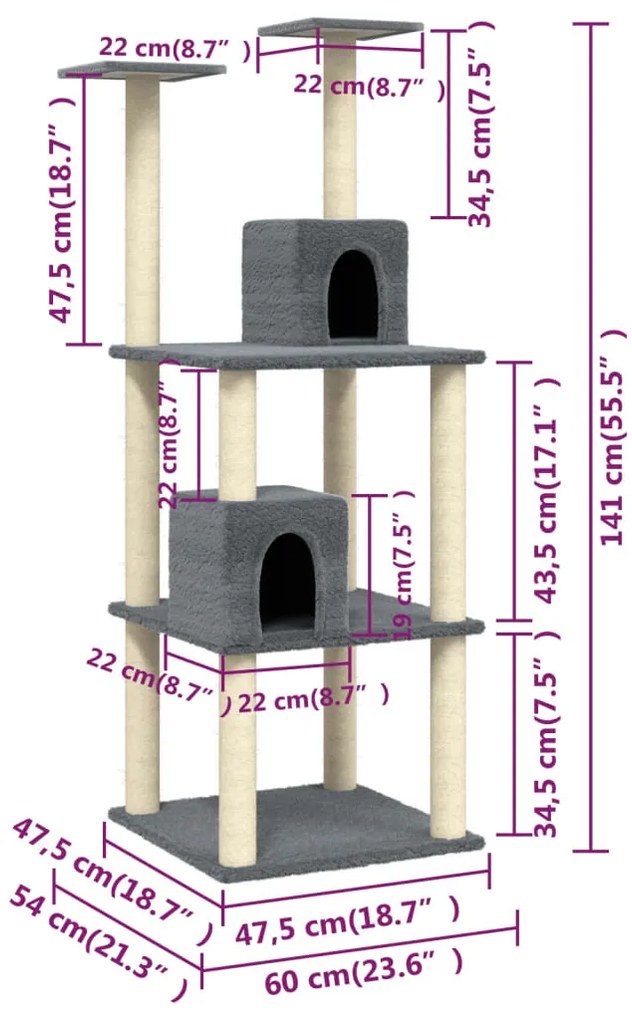 Árvore p/ gatos c/ postes arranhadores sisal 141cm cinza-escuro