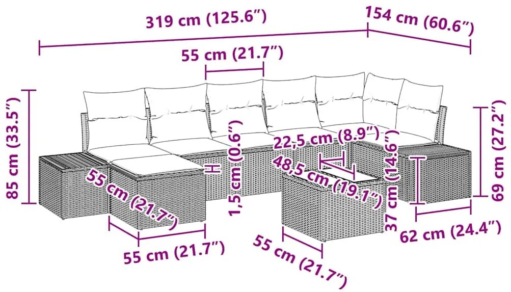 Conjunto de Sofás de Jardim de 7 Peças com Almofadas em Rattan Poly