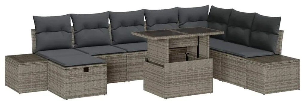 Conjunto de Sofá de Jardim com 9 Peças e Almofadas Cinza em Polyrattan