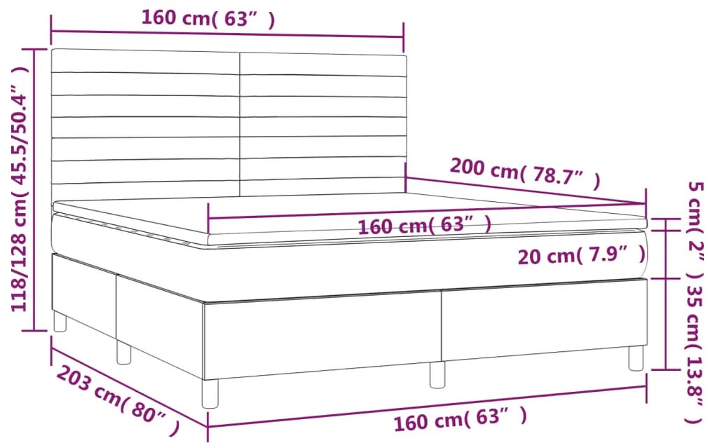 Cama box spring c/ colchão/LED 160x200 cm veludo rosa