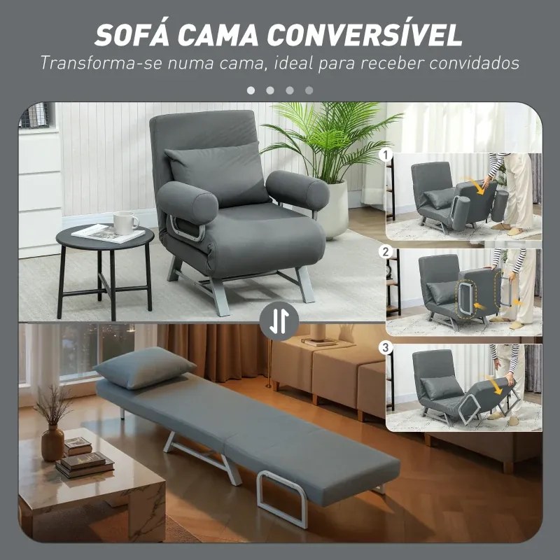 Poltrona sofá Cama Dobrável Estofado em Linho Sintético com Encosto Ajustável em 5 Níveis e Almofada Acolchoada 73x78x81 cm Cinzento Escuro