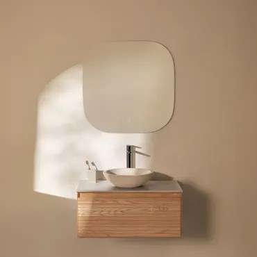 Conjunto De Móvel De Casa De Banho Suspenso Em Madeira De Freixo Tedrik Castanho Fresno & Cimento Redondo Branco Ø40 Cm Zavion & Quadrado - Sklum