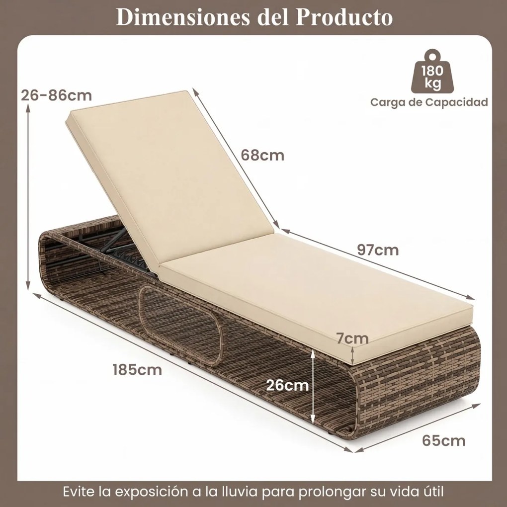 Espreguiçadeira de Jardim 185 x 65 x 26 cm om encosto ajustável, almofada e espaço de arrumação para piscina, pátio e jardim Cor do rattan PE: Castanh
