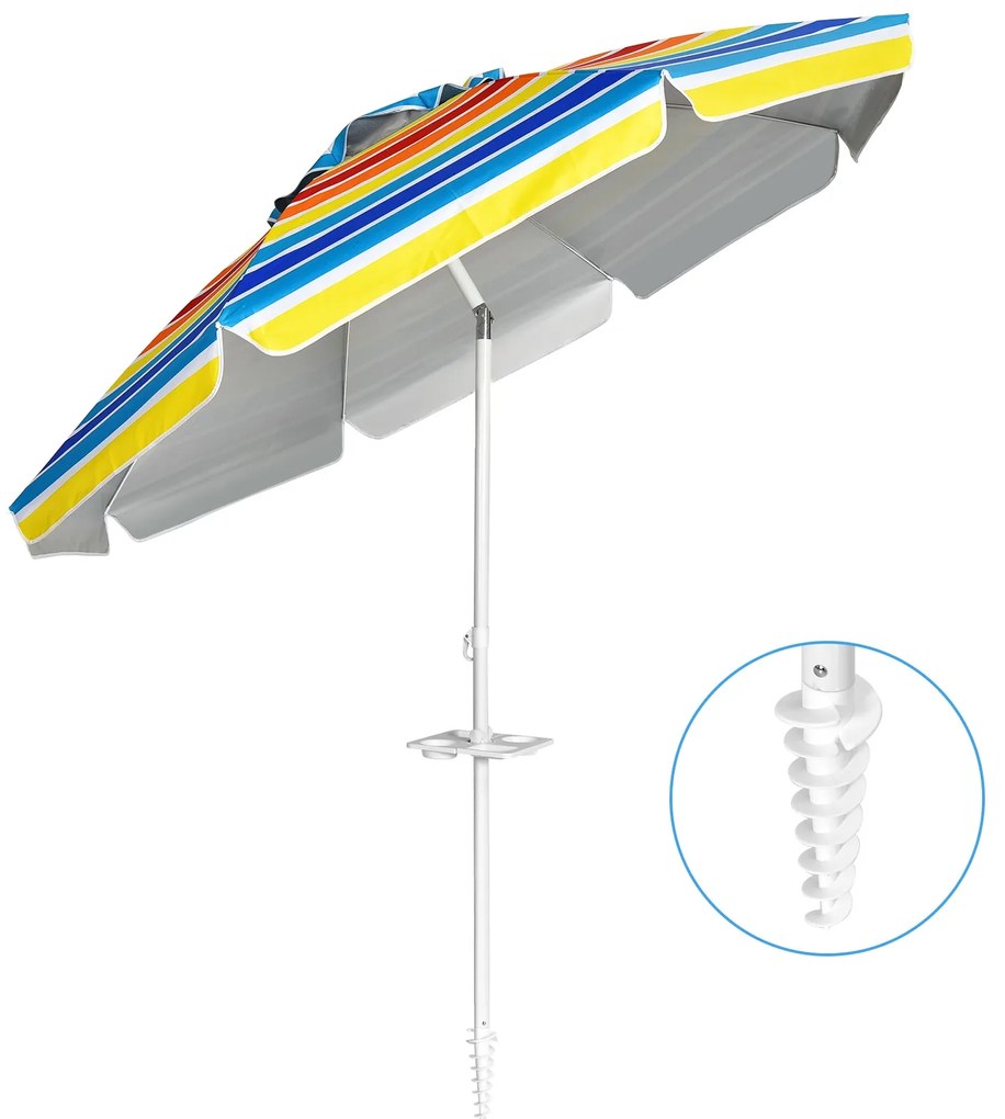 Guarda-sol de praia inclinável portátil com porta-copos, saco de transporte e proteção solar UPF50+ para exterior Pátio Piscina 2 x 2,2 m Multicolorid