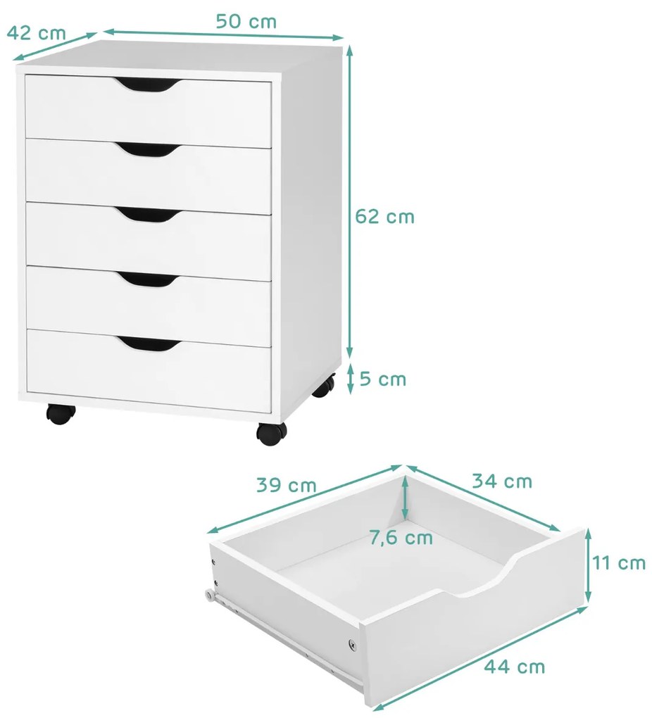 Organizador de Gavetas com 5 Gavetas Gaveta de Documentos com Rodas para casa escritorio 50 x 42 x 67 cm Branco