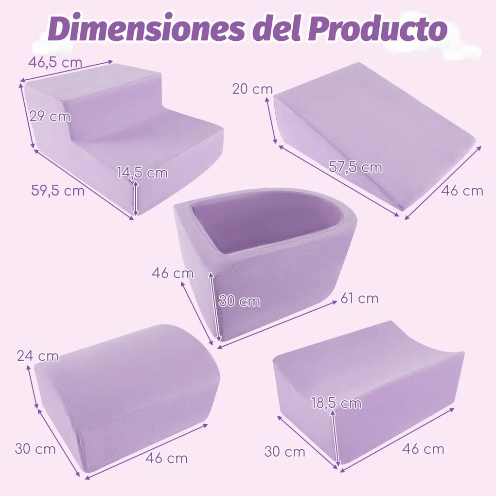 Conjunto de escalada e rampa de 5 peças para crianças Blocos de construção de esponja com piscina de bolas (NÃO INCLUIDAS) Capa lavável Criativo Púrpu