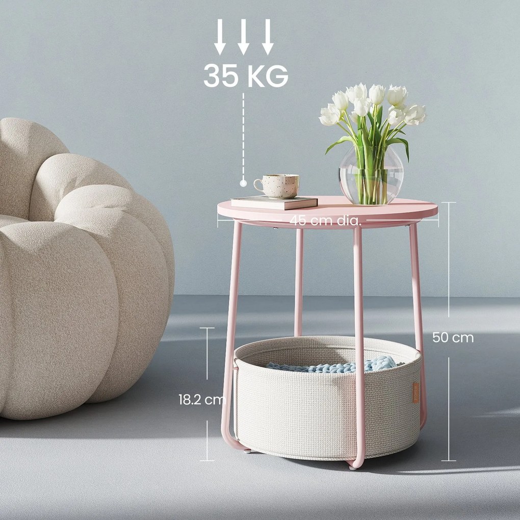 Mesa auxiliar redonda com cesto em tecido 45 x 50 cm rosa + branco creme
