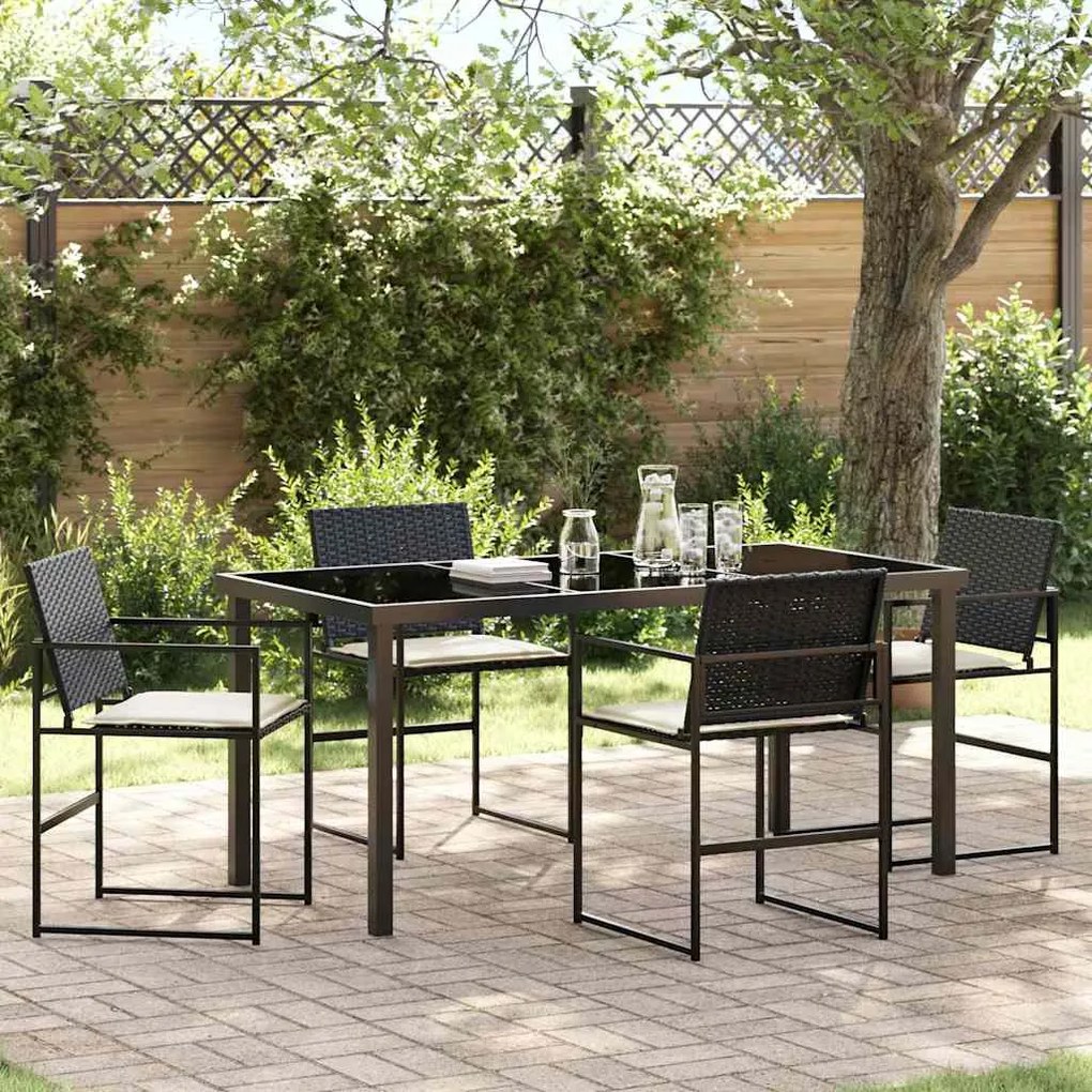 vidaXL Conjunto de jantar de jardim com 5 peças e almofadas em rattan sintético preto.