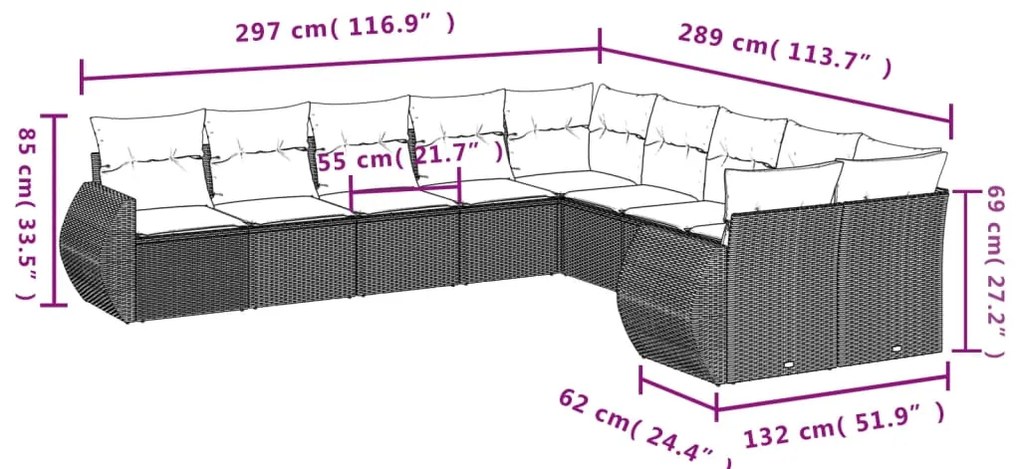 10 pcs conjunto de sofás p/ jardim com almofadões vime PE bege