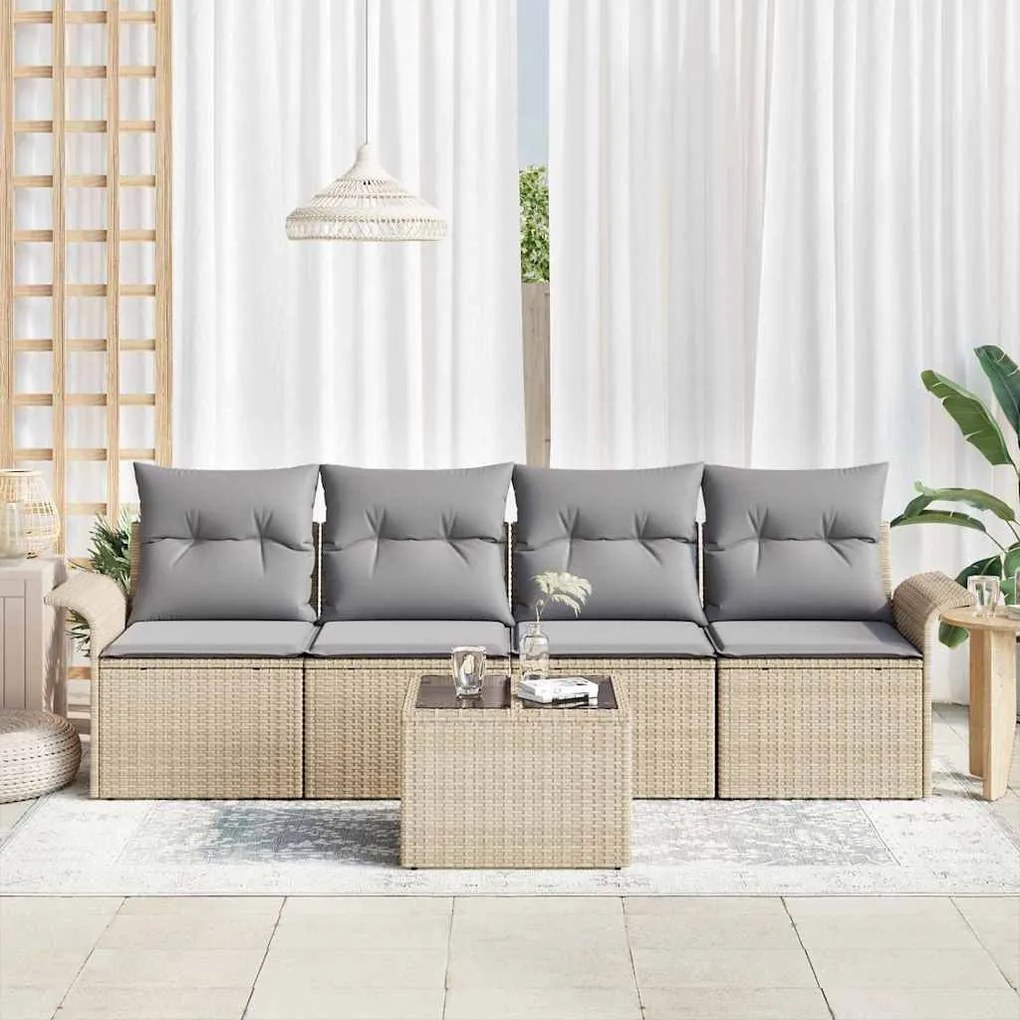 Conjunto de Sofá de Jardim de 5 Peças com Almofadas - Rattan Sintético