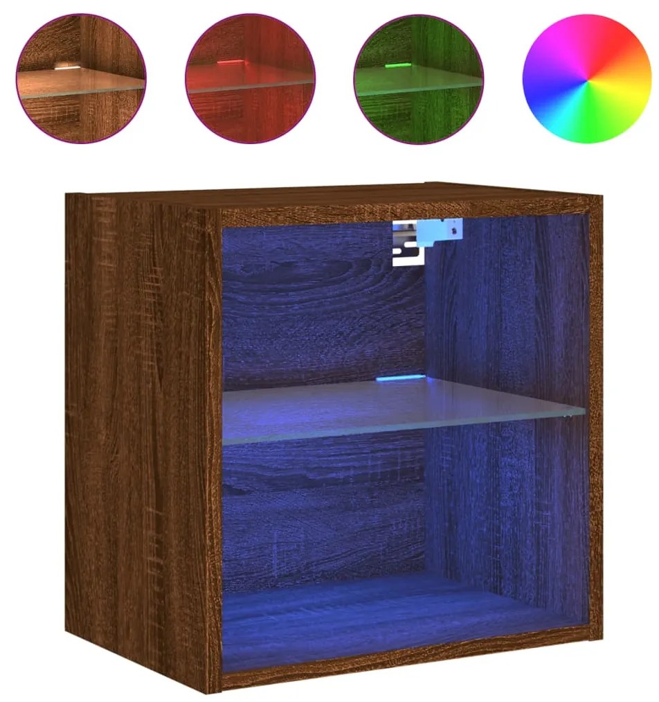 Mesas de cabeceira parede c/ luzes LED 2 pcs carvalho castanho