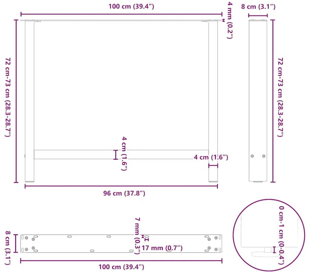 Pés para mesa de jantar , pretos, 2 peças, 100x (72-73) cm, aço
