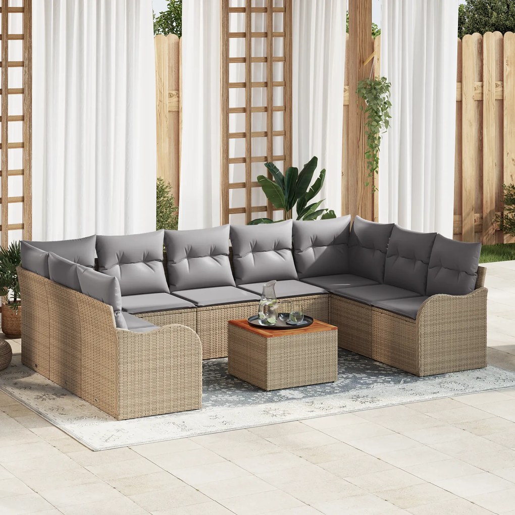 Conjunto de Sofás de Jardim vidaXL com 10 Peças com Almofadas Bege em Rattan Poliéster Acácia