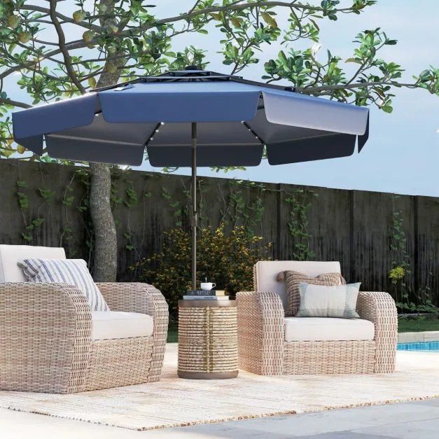 Guarda-sol solar de 300 cm com 32 luzes LED, parte superior ventilada com 3 níveis e ajuste de inclinação Azul marinho