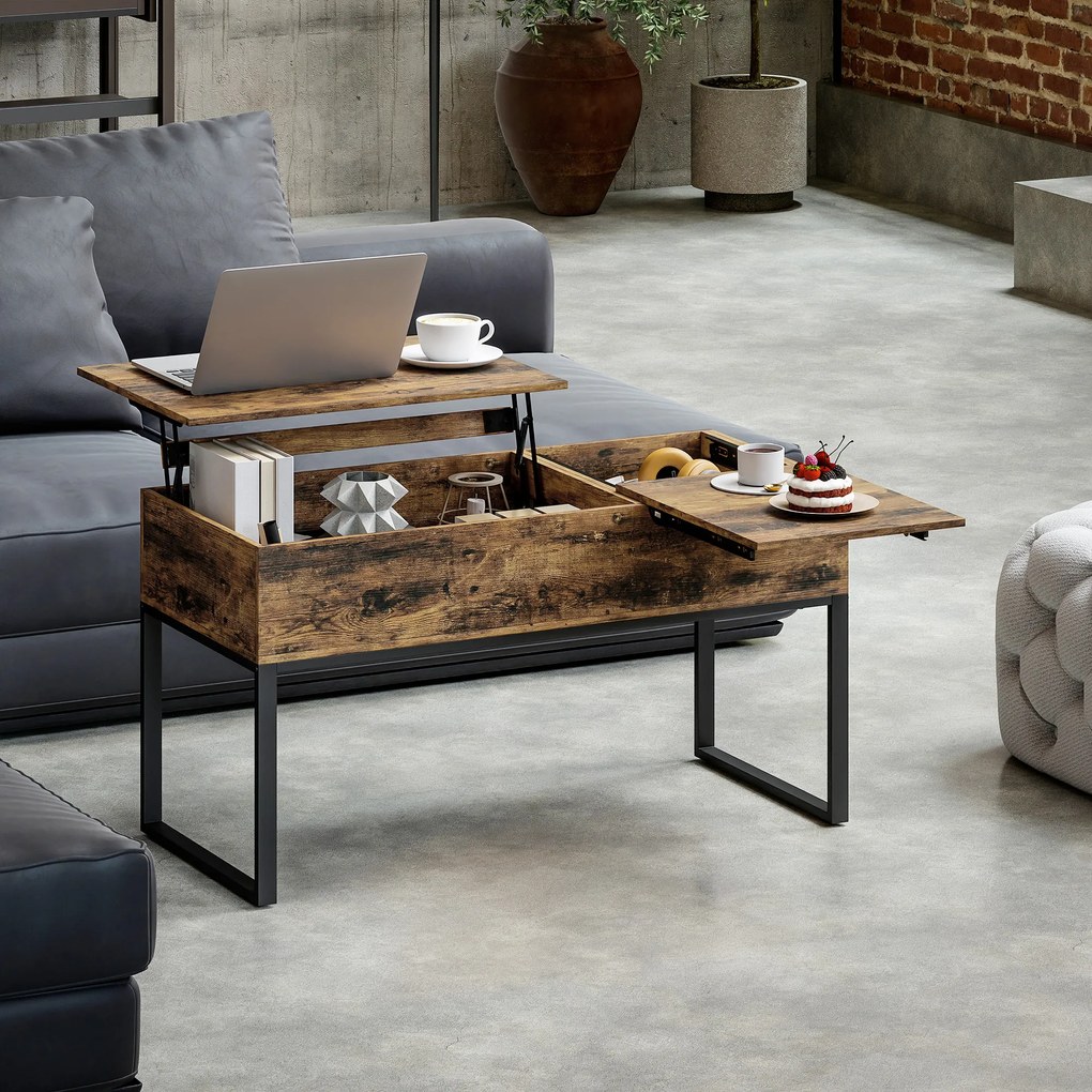 Mesa de Centro Elevatória com Bancada Deslizante Fecho Suave e Espaço Oculto de Arrumação 100x45x67 cm Castanho Rústico