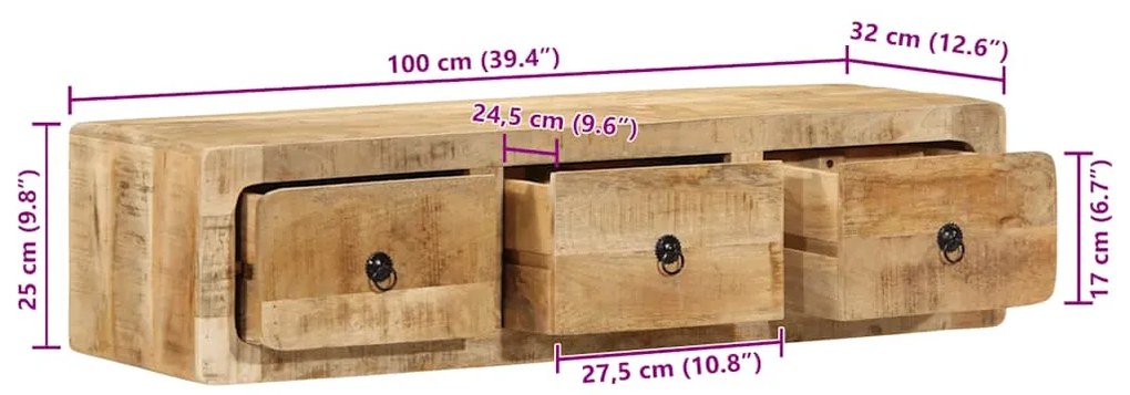 Armário de TV para parede 100x32x25 cm mangueira áspera maciça