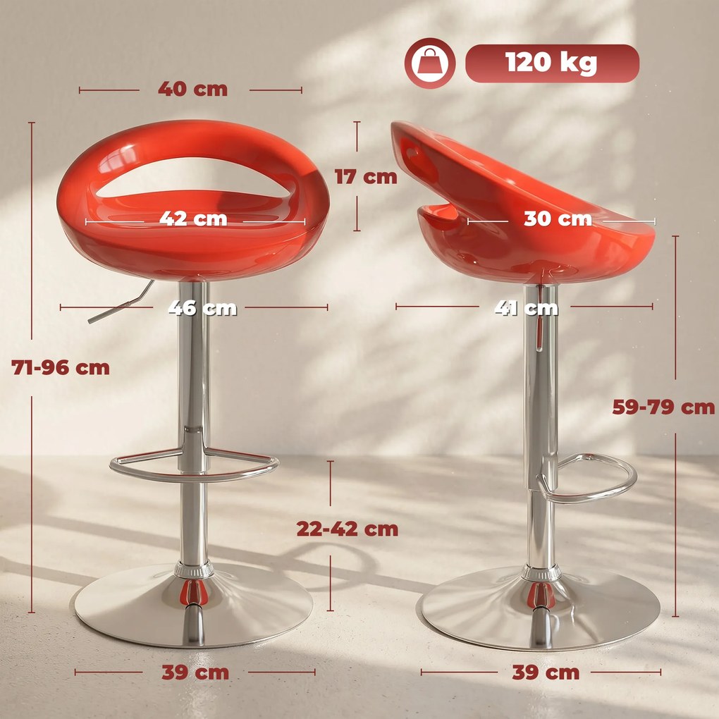 Conjunto de 2 bancos de bar com altura ajustável, encosto e apoio para os pés giratórios a 360°, 46x41x76-96 cm, vermelho