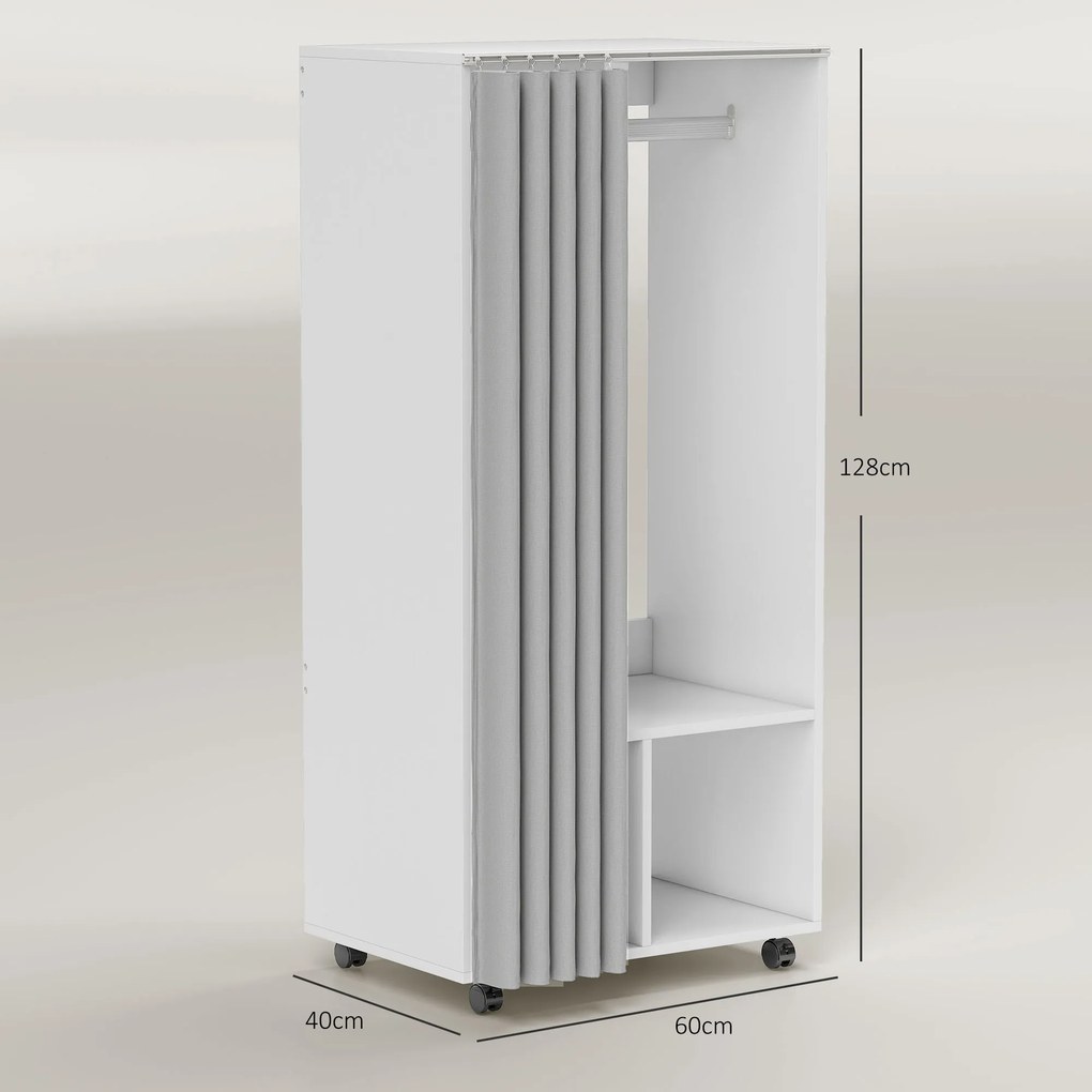 Guarda roupa pequeno de arrumação móvel com cortina 60 x 40 x 128 cm, varão para pendurar roupa, branco