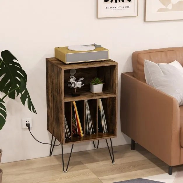 Suporte para discos de 3 níveis Mesa de armazenamento de discos com estação de carregamento Estante 4 divisórias 48 x 40 x 88 cm Castanho rústico