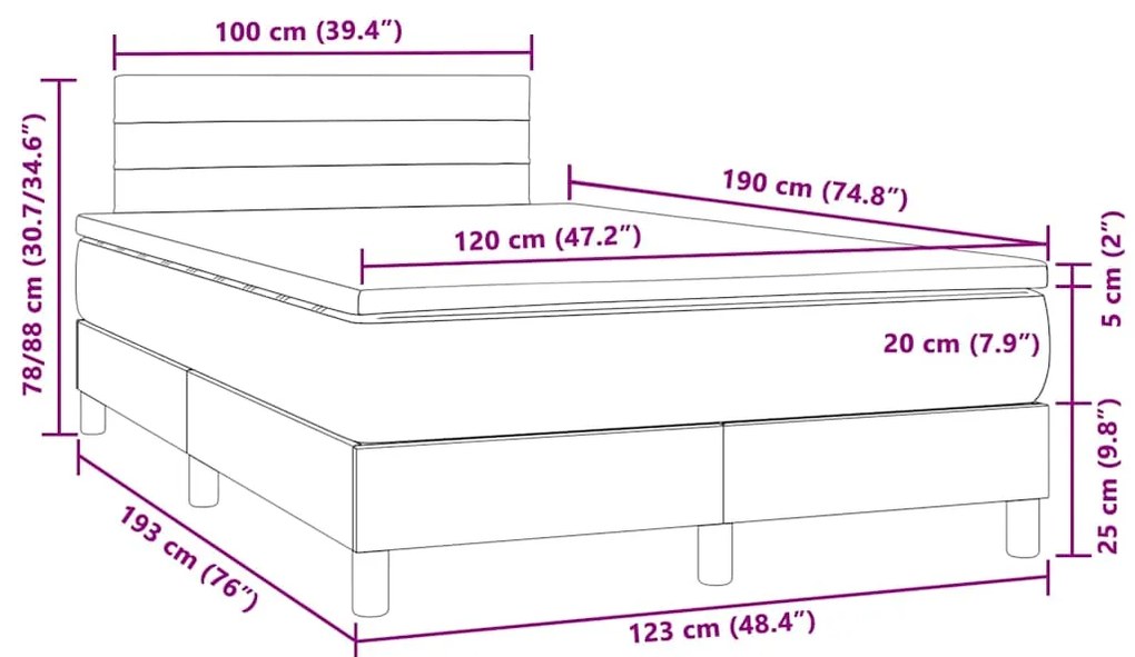 Cama box spring colchão LED 120x190cm couro artif. cinza-escuro