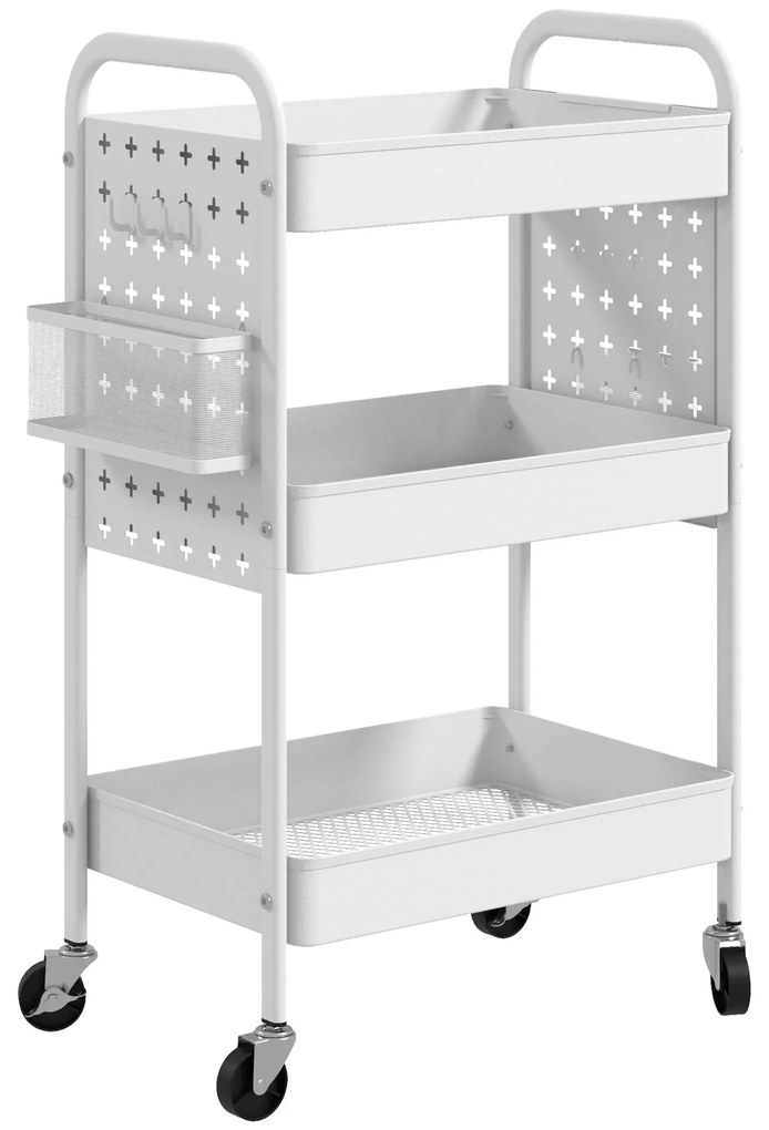 Carrinho Auxiliar com Rodas de Aço com 3 Bandejas 2 Cestos e 6 Ganchos para Cozinha Casa de Banho 53,5x30,5x75 cm Branco