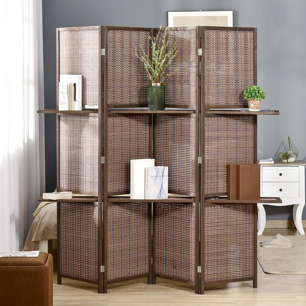 HOMCOM Biombo de 4 Painéis de Bambú Separador de Ambientes Dobrável com 2 Prateleiras Removíveis para Dormitório 180x180cm Marrom
