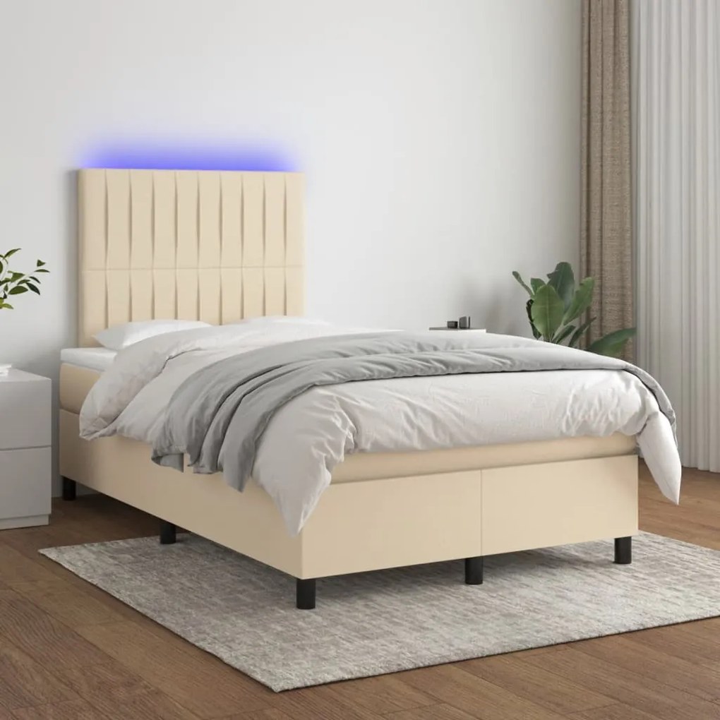 Cama box spring c/ colchão e LED 120x200 cm tecido cor creme