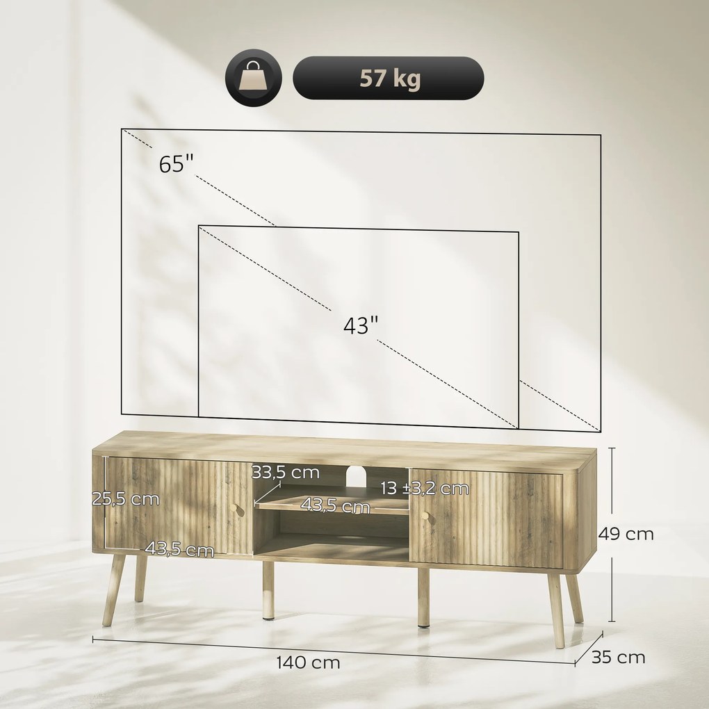 Móvel para televisão 140 x 35 x 49 cm, com capacidade para ecrãs até 65 polegadas, com 2 portas, 2 compartimentos abertos, prateleira ajustável, cor c