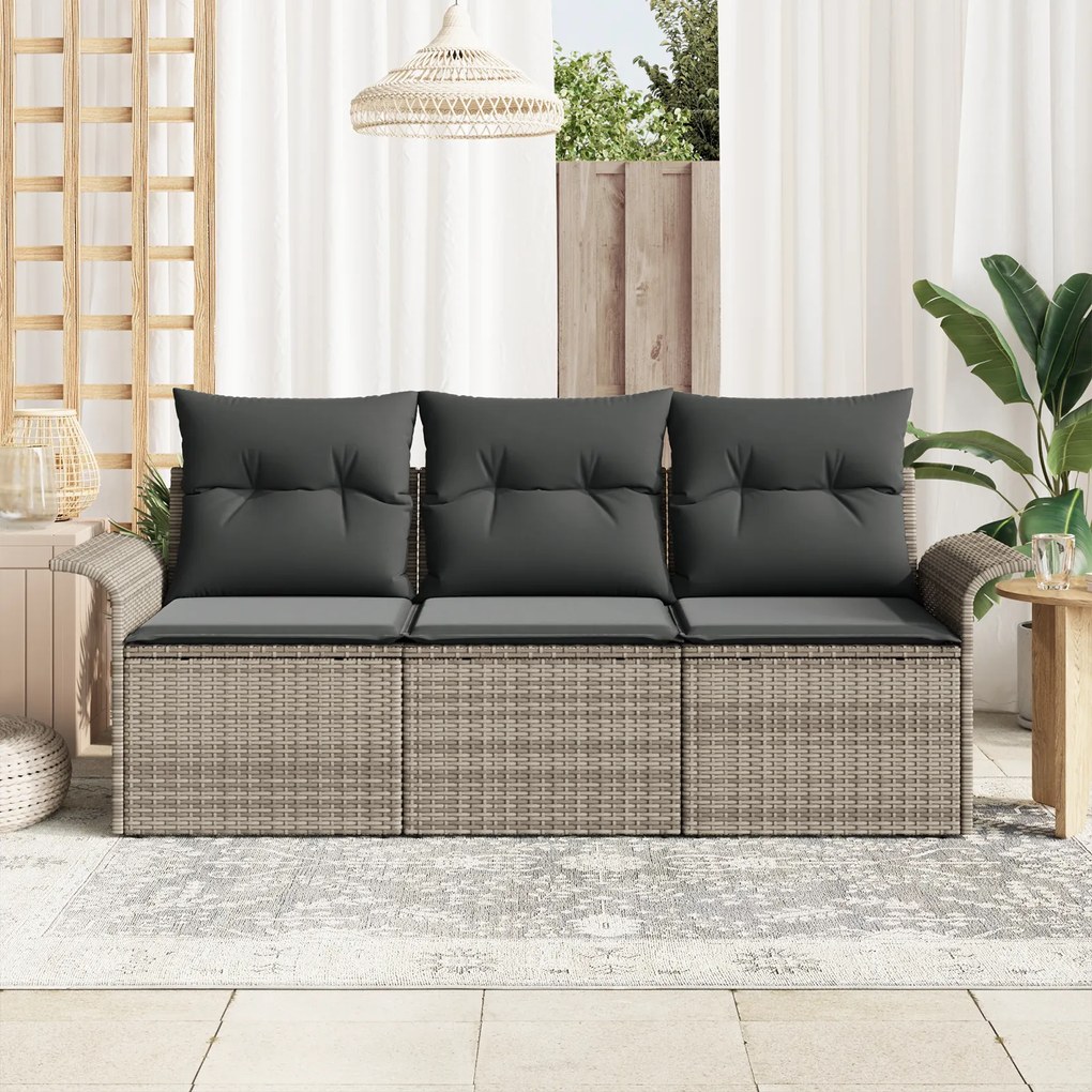 Conjunto de Sofá de Jardim de 3 Peças com Almofadas Cinza Rattan Polim