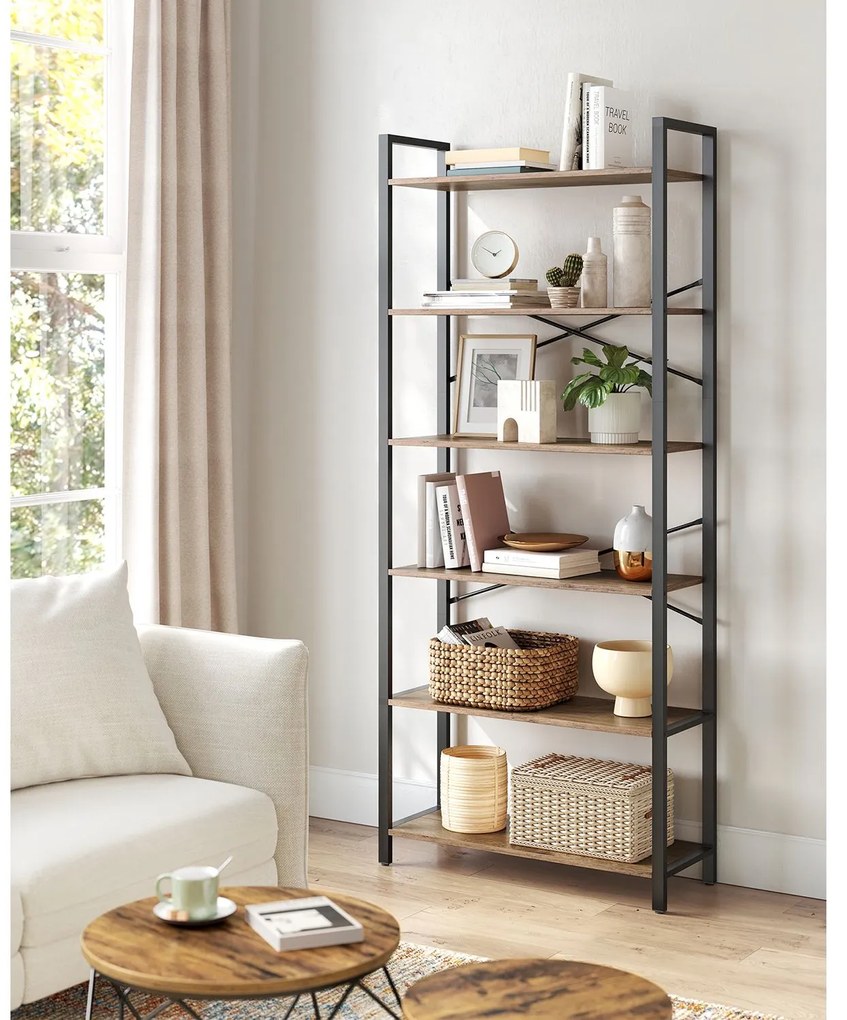 Estante para livros com 6 prateleiras, 30 x 80 x 186 cm, cor nogueira escura-preto