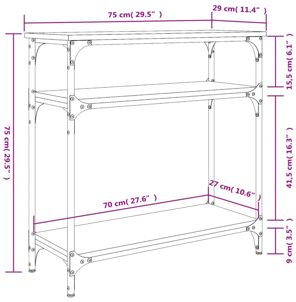 Mesa consola 75x29x75 cm derivados de madeira cinzento sonoma