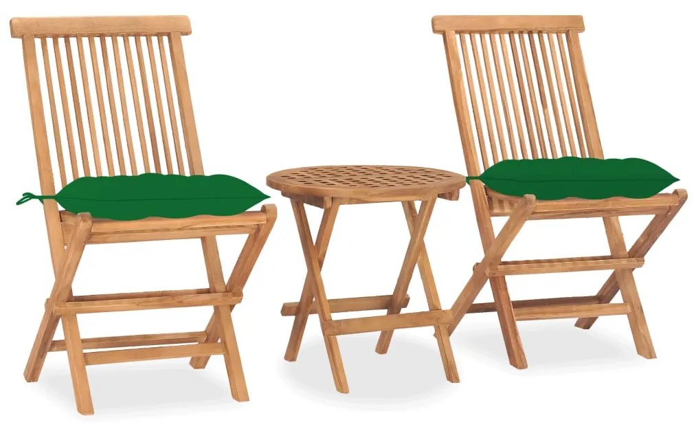 vidaXL 3 pcs conj. jantar dobrável exterior c/ almofadão teca maciça