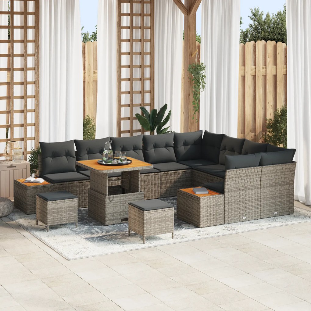 Conjunto de Sofá de Jardim com 12 Peças com Almofadas Cinza de Rattan Sintético e Acácia