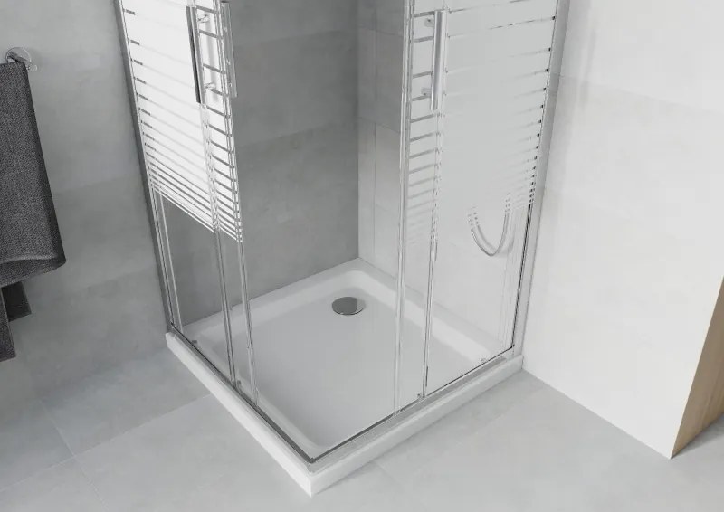 Mexen Rio cabine de duche quadrada 80 x 80 cm, faixas brancas, cromado + base de duche Flat, branco - 860-080-080-01-20-4010