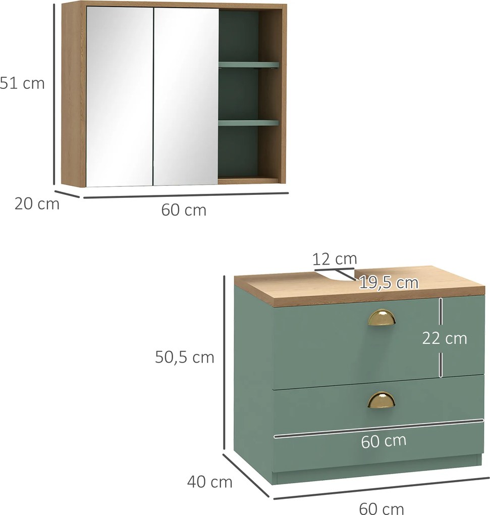 Conjunto de 2 móveis de casa de banho com prateleiras ajustáveis e 2 gavetas (LAVATORIO NÃO INCLUIDO), design escandinavo, verde