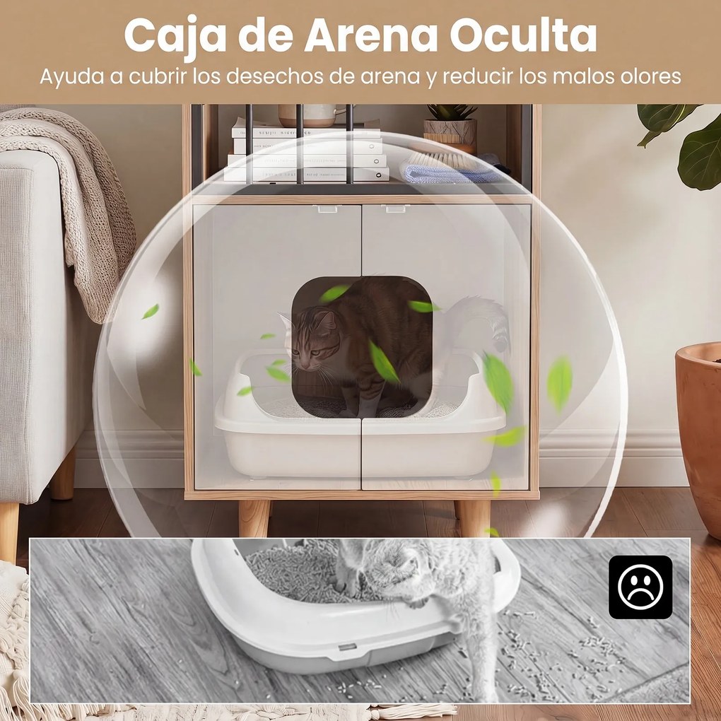 Móvel para Gato com Refúgio e Armário para caixa areia (CAIXA AREIA NÃO INCLUIDA), 50 x 48,5 x 100 cm, Design de Dois Níveis, Natural e Branco