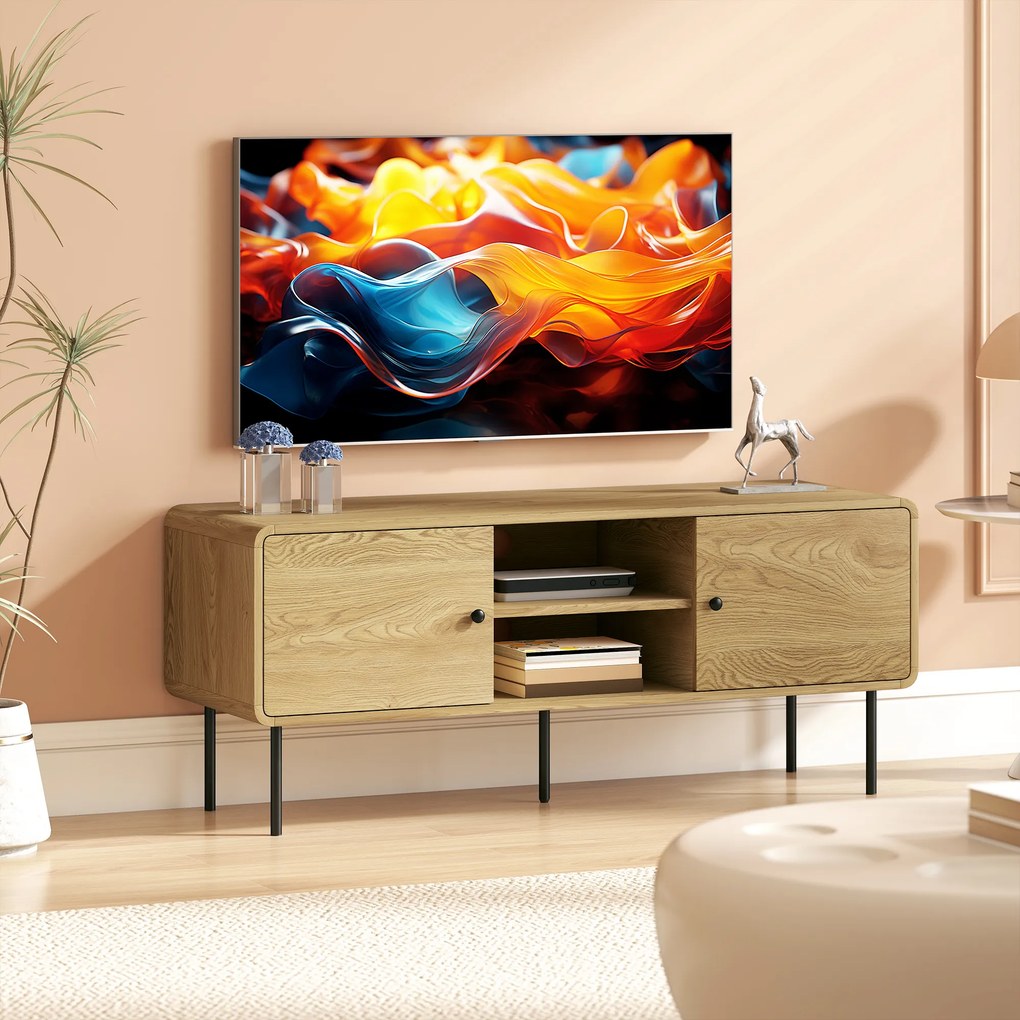 Móvel para televisão 120 x 40 x 50 cm, com capacidade para ecrãs até 55 polegadas, com 2 portas, 2 compartimentos abertos, pés em aço, cor carvalho