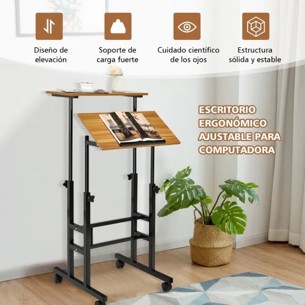 Mesa móvel para computador com rodas Mesa de pé e sentada ajustável em altura para escritório em casa cor nogueira e preto