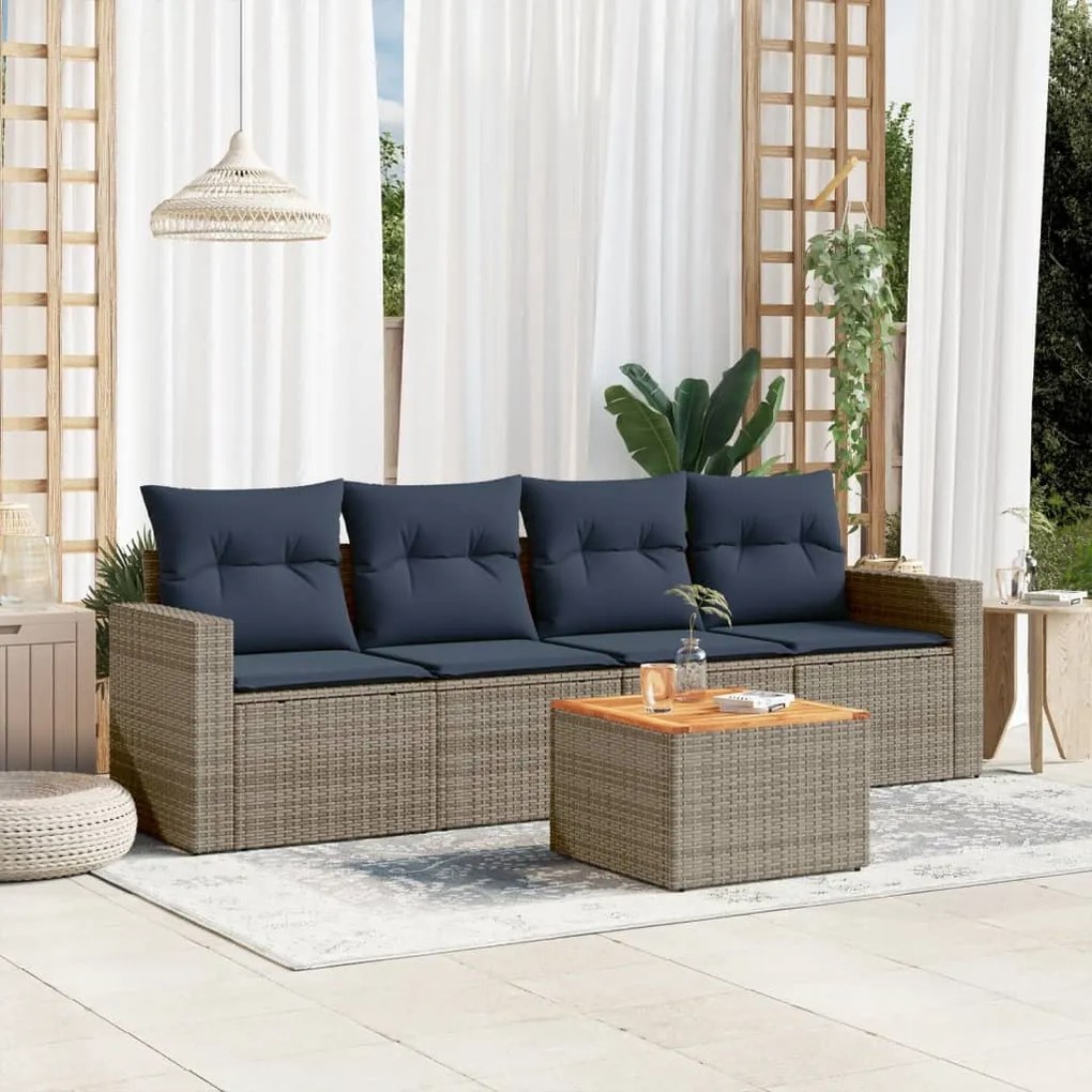 5 pcs conjunto sofás p/ jardim c/ almofadões vime PE cinzento