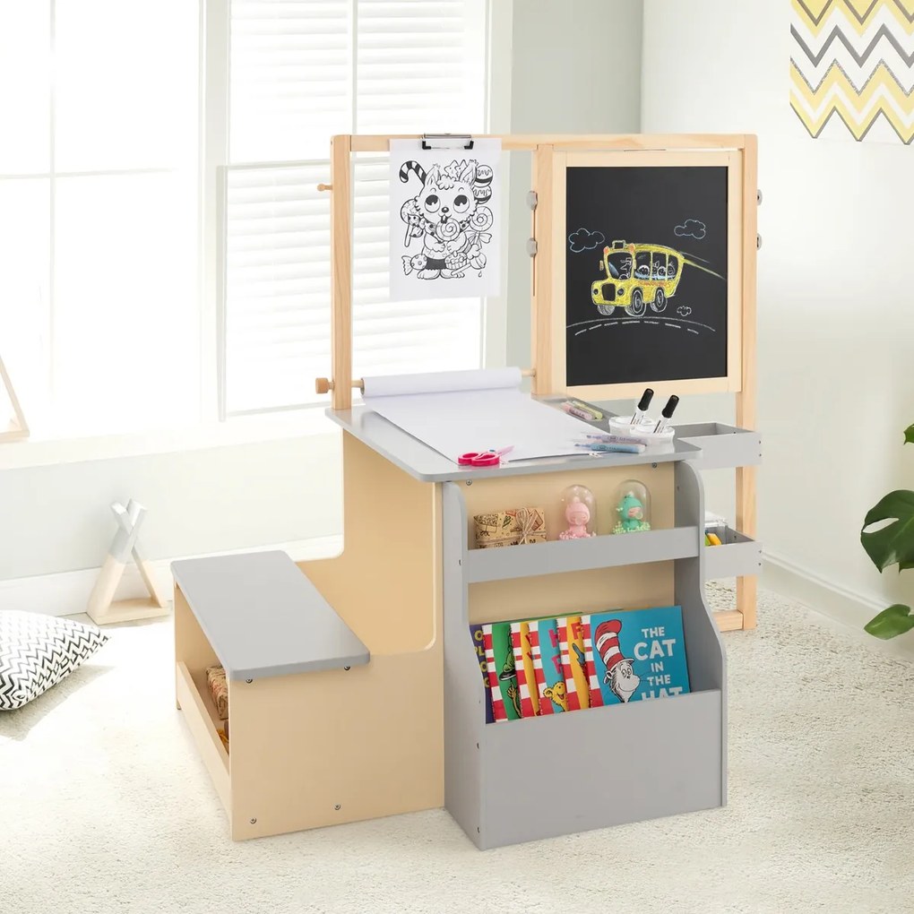 Conjunto de mesa e banco para crianças com cavalete ajustável de dupla face Quadro de giz magnético e rolos de papel substituíveis Cinzento