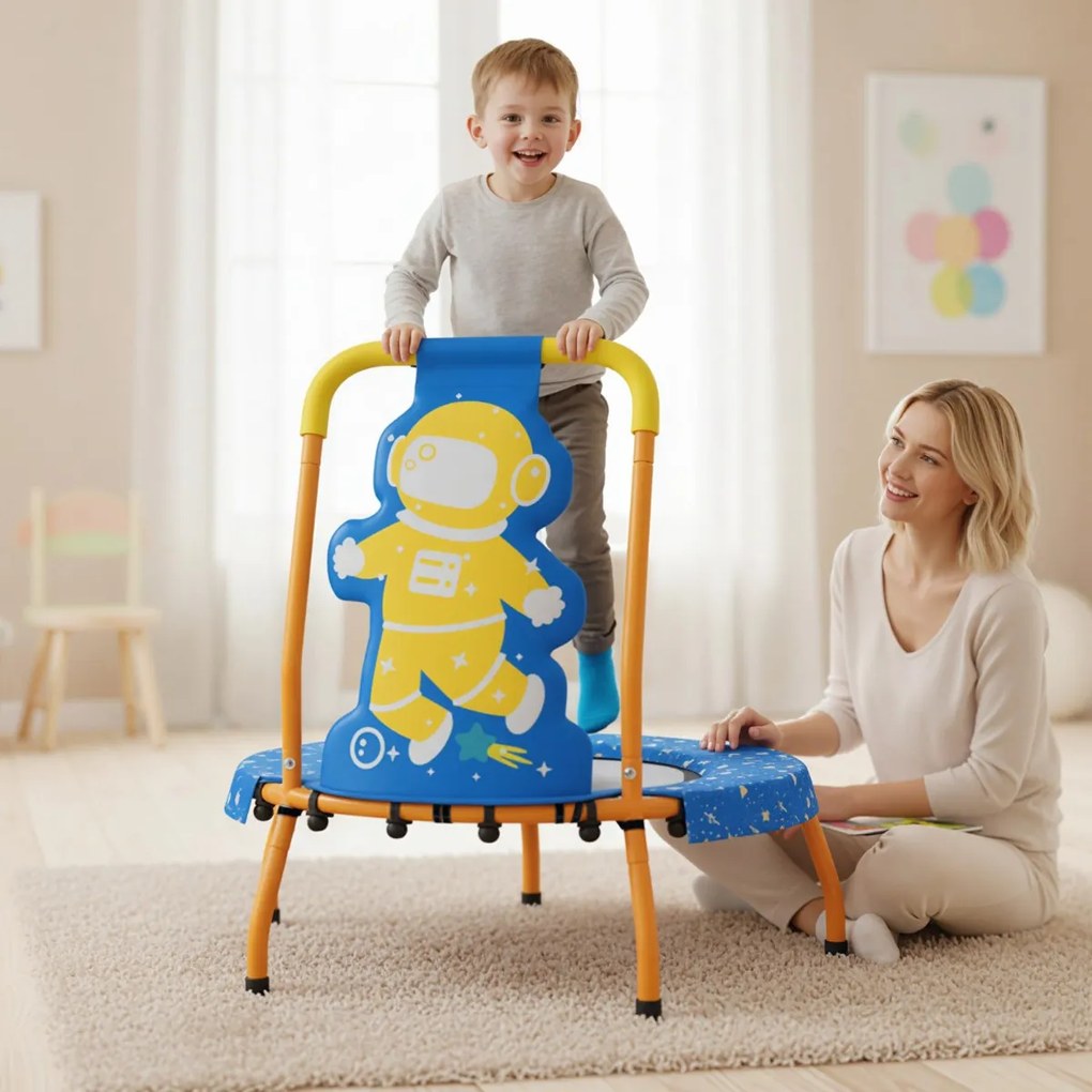 Mini trampolim Astronauta para crianças com alça acolchoada e capa de segurança em lona sem buracos para uso interno, de 3 a 6 anos Azul