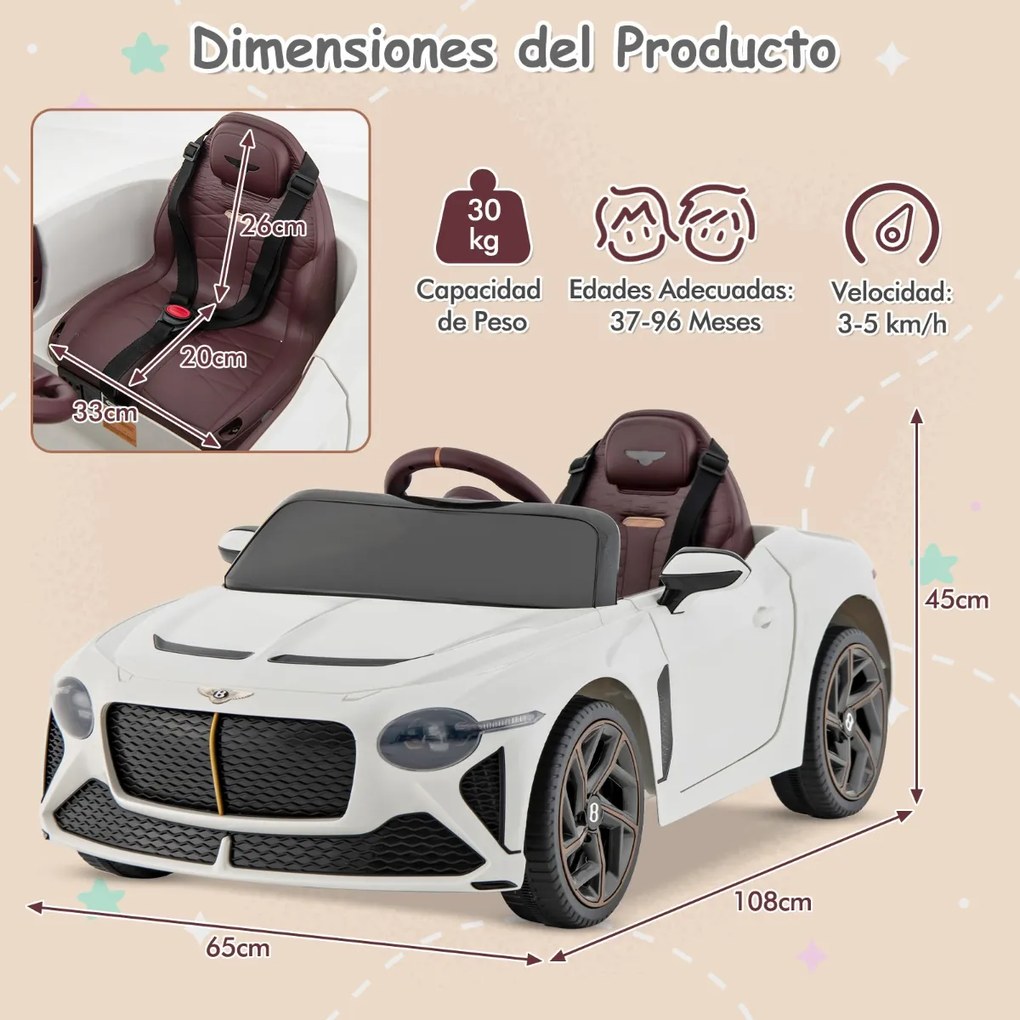 Carro elétrico infantil licenciado Bentley Bacalar 12V com controlo remoto 108 x 65 x 45 cm Branco