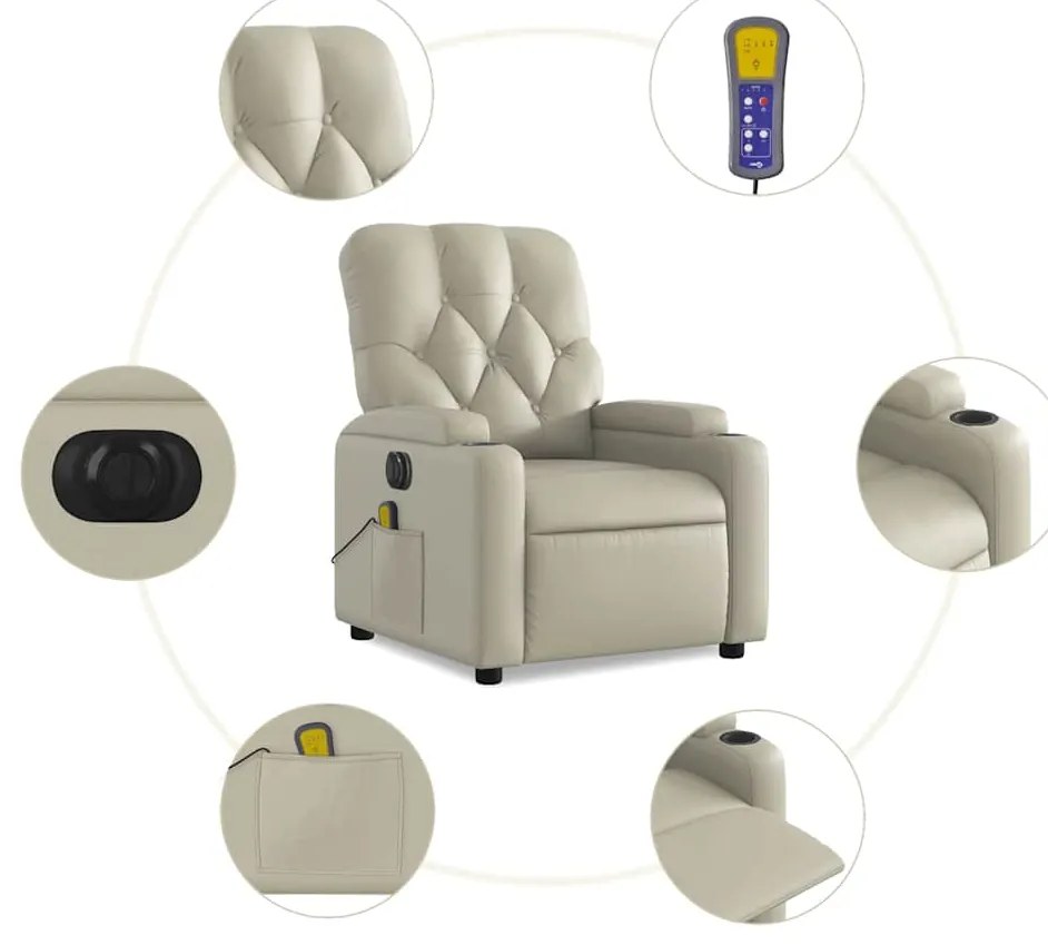 Poltrona massagens reclinável elétrica couro artificial creme