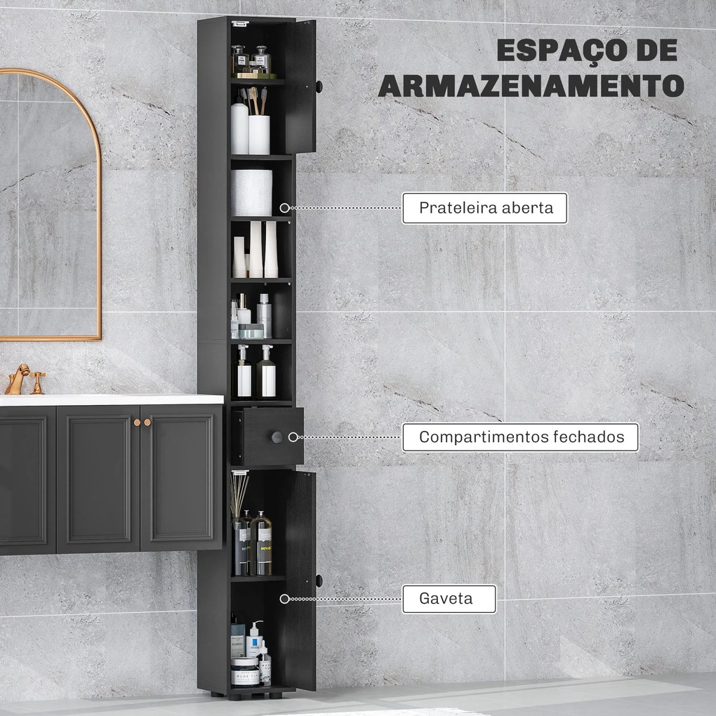 Coluna Casa de Banho Estreita  20x20x180 cm com 1 Gaveta 4 Prateleiras Abertas e Prateleiras Ajustáveis Preto