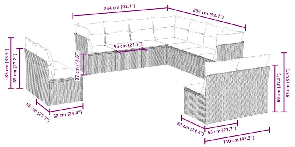 11 pcs conjunto sofás de jardim c/ almofadões vime PE cinzento