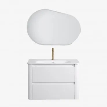Conjunto De Móvel De Casa De Banho Suspenso 80x50 Cm Em Madeira Com Lavatório Integrado Egerton Branco & Oval Led E Anti-embaciamento 100x80 - Sklum