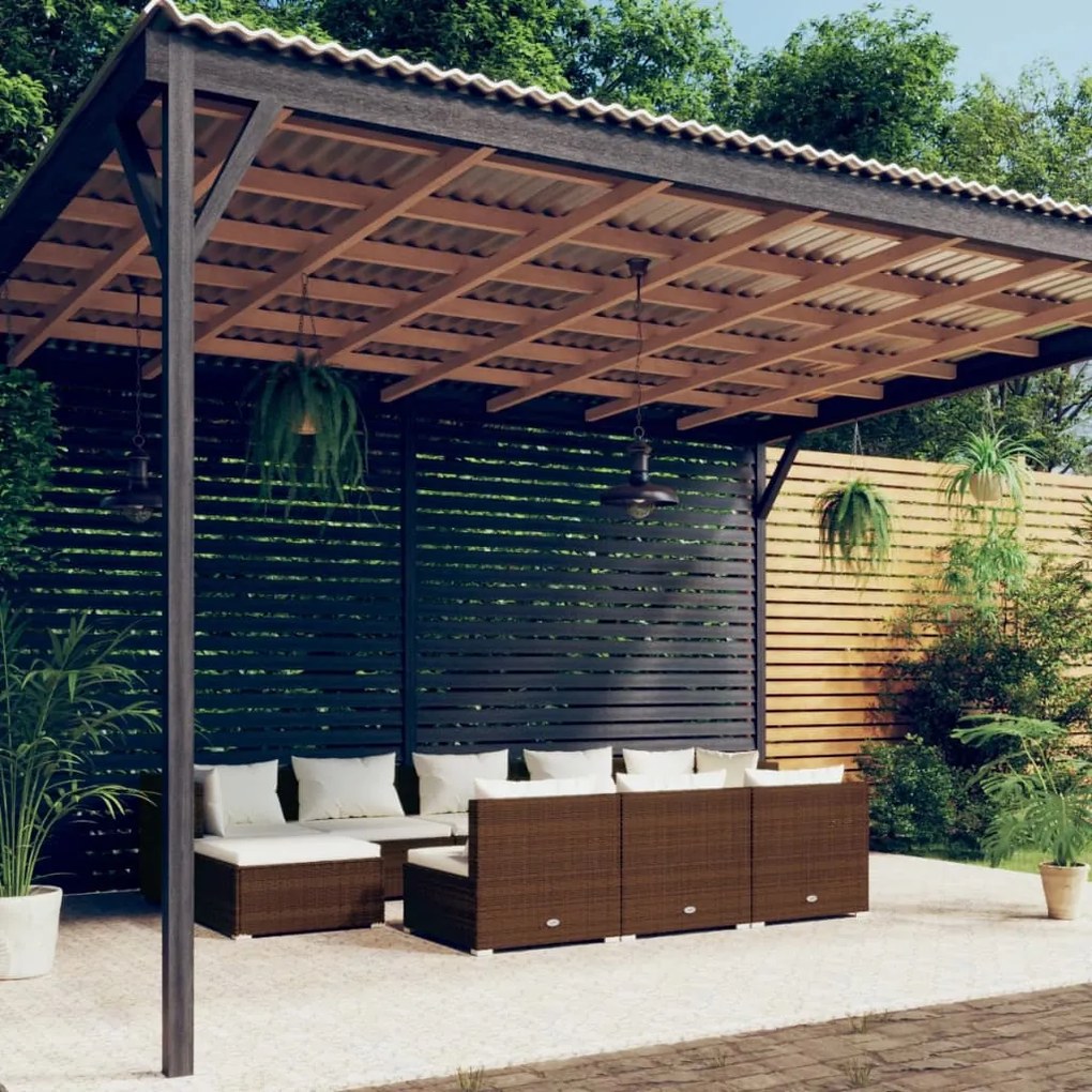 vidaXL 10 pcs conjunto lounge de jardim c/ almofadões vime PE castanho